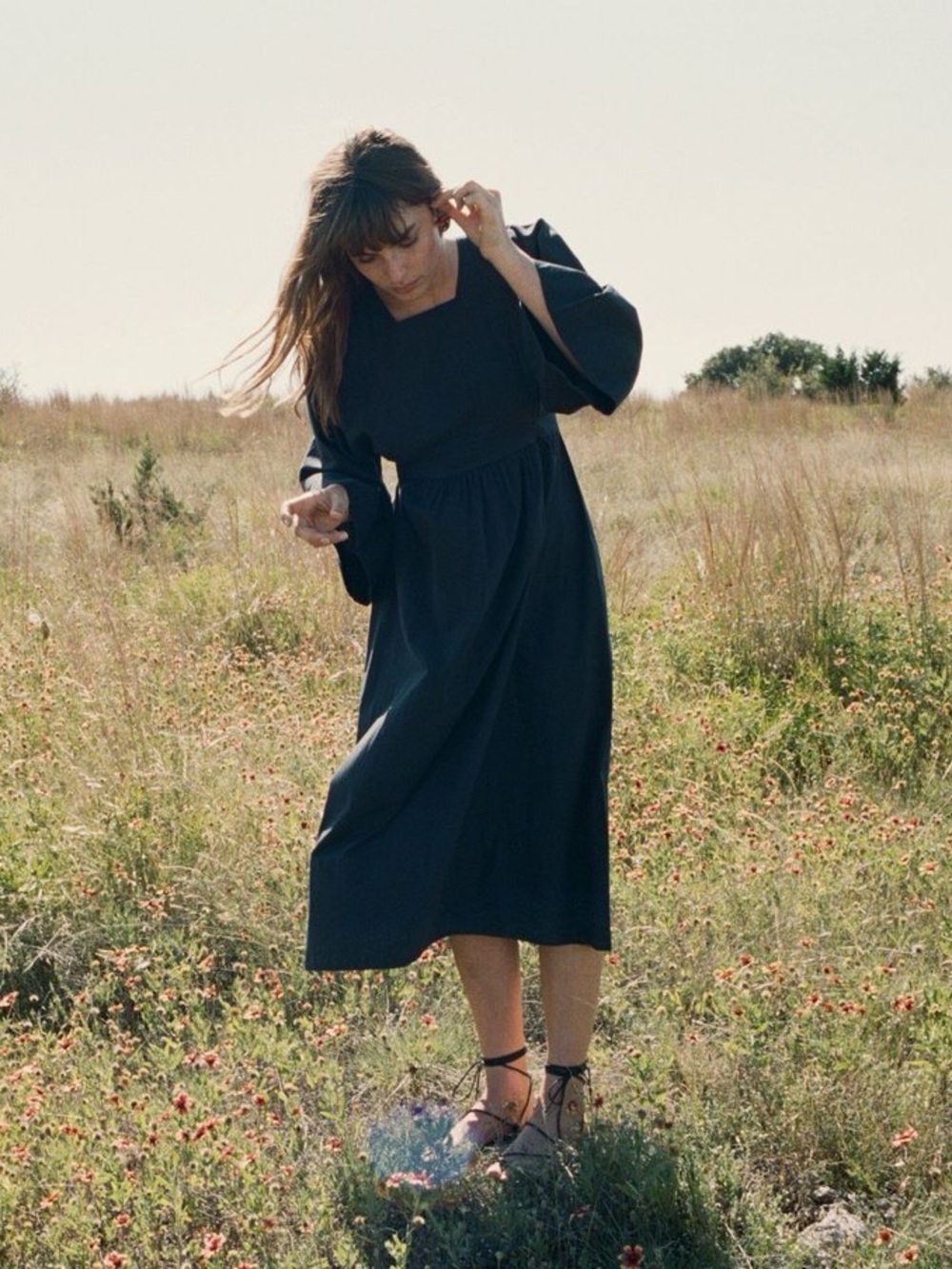 Doen Avignon Black Long Sleeve Cotton Midi Dress Size S